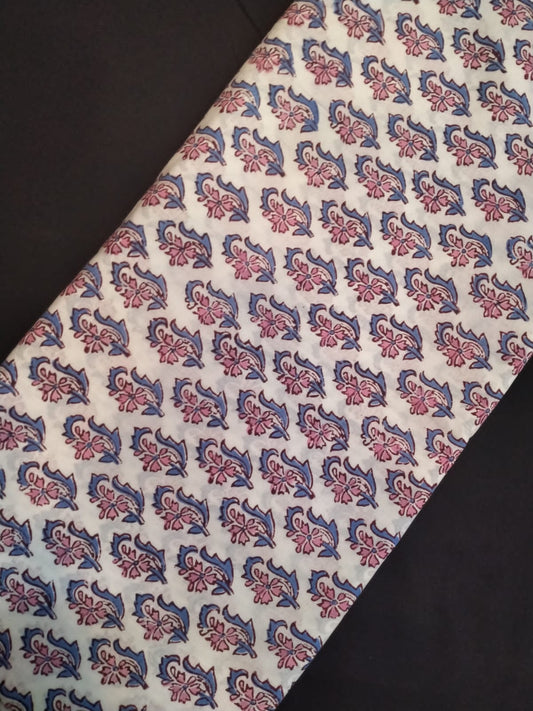 Hand Block Printed Pure Cotton Fabric With White Base In Running Length - JBRH154