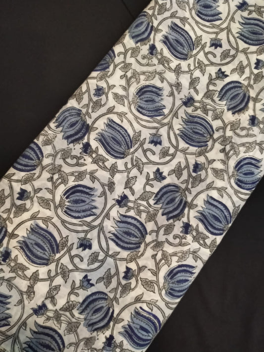 White Base Cotton Hand Block Printed Fabric In Running Length - JBRH155