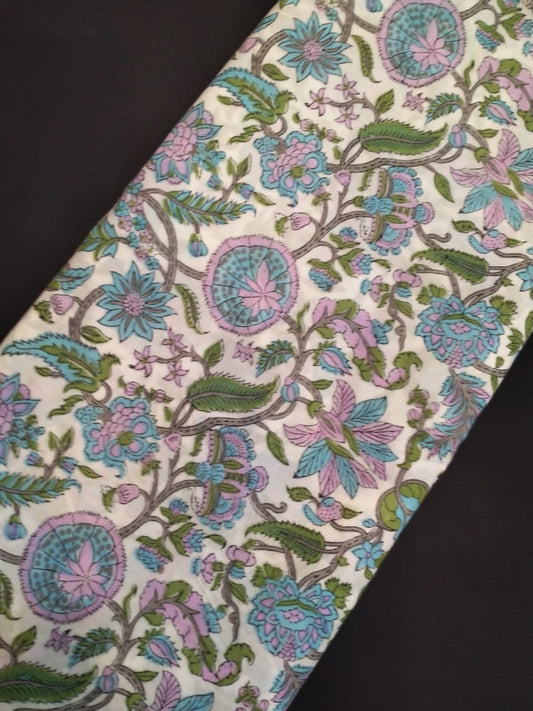 Pure Cotton Hand Block Printed Fabric With White Base - JBRH160