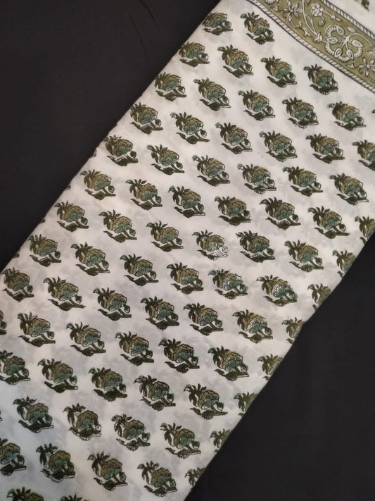 White Base Pure Cotton Hand Block Printed Fabric In Running Length - JBRH161