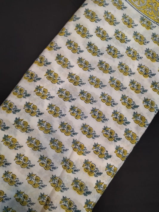 Hand Block Printed Pure Cotton Fabric With White Base In Running Length - JBRH162