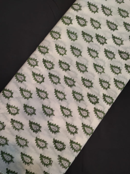 White Base Cotton Hand Block Printed Fabric In Running Length - JBRH163
