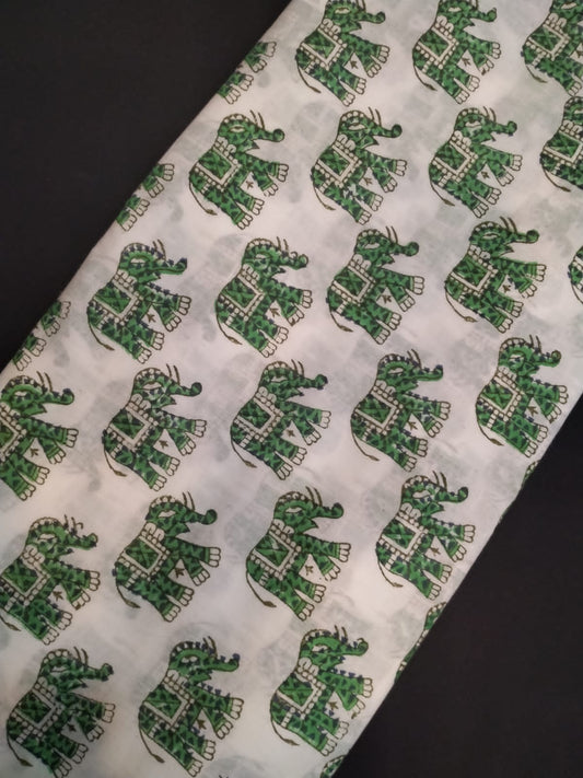 White Base Pure Cotton Hand Block Printed Fabric In Running Length - JBRH165