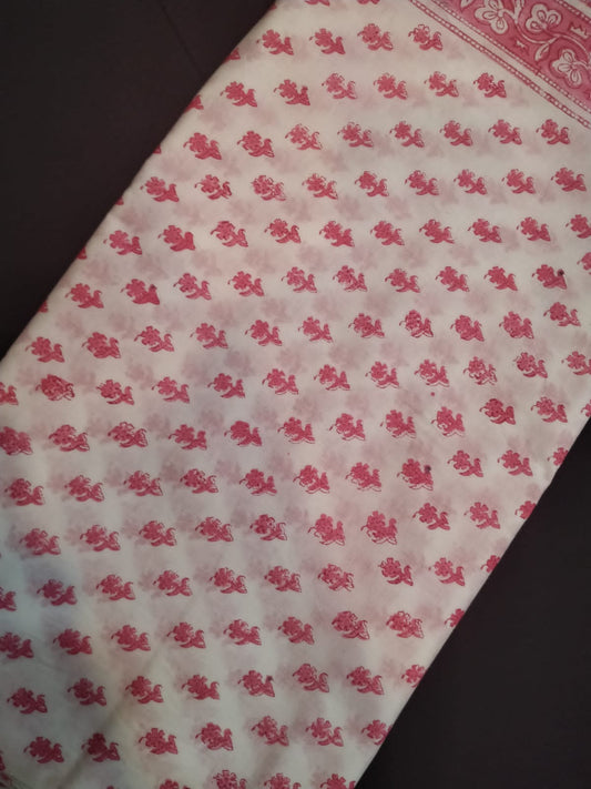 Hand Block Printed Pure Cotton Fabric With White Base In Running Length - JBRH166