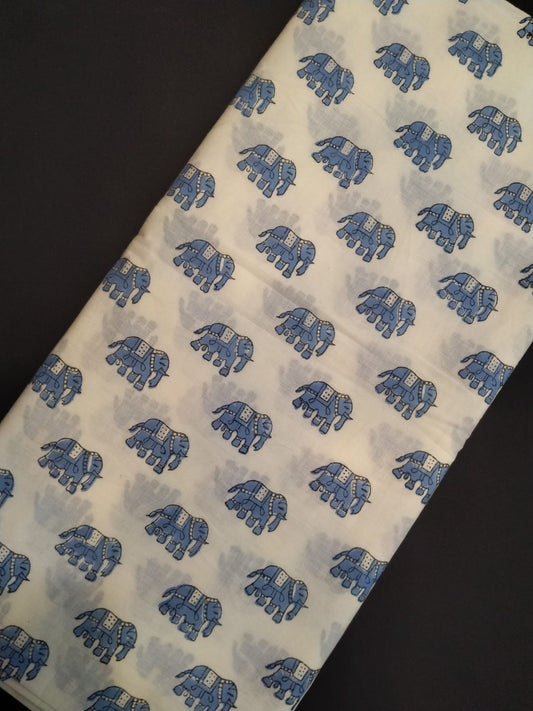 White Base Pure Cotton Hand Block Printed Fabric In Running Length - JBRH169