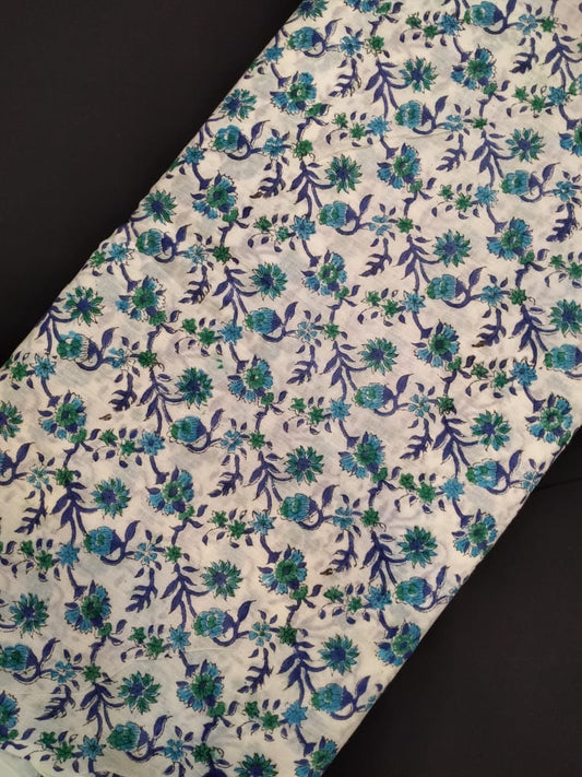 White Base Cotton Hand Block Printed Fabric In Running Length - JBRH175