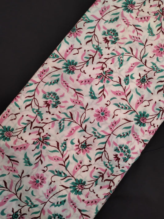 White Base Cotton Hand Block Printed Fabric In Running Length - JBRH183
