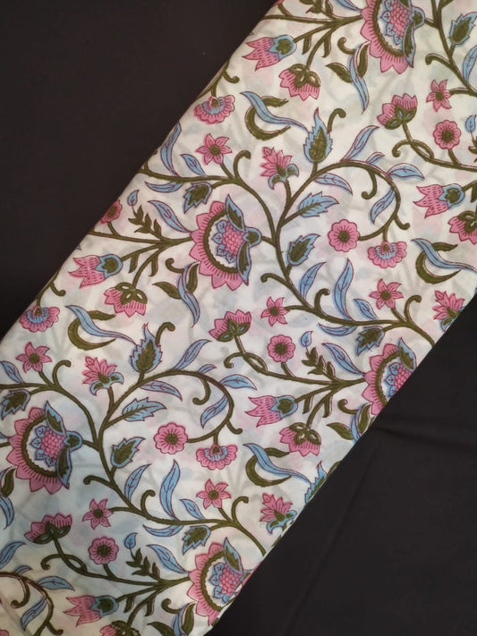 White Base Cotton Hand Block Printed Fabric In Running Length - JBRH187