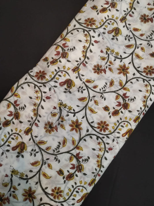 White Base Cotton Hand Block Printed Fabric In Running Length - JBRH191