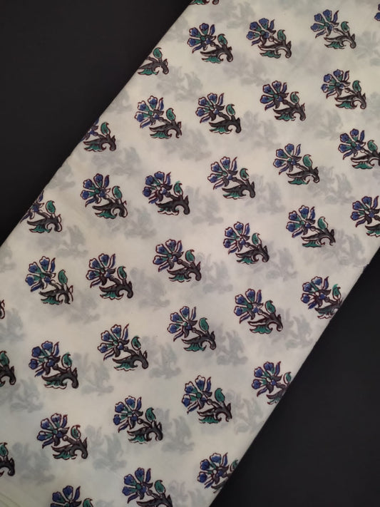 Pure Cotton Hand Block Printed Fabric With White Base - JBRH192