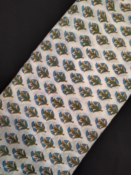 Pure Cotton Hand Block Printed Fabric With White Base - JBRH198