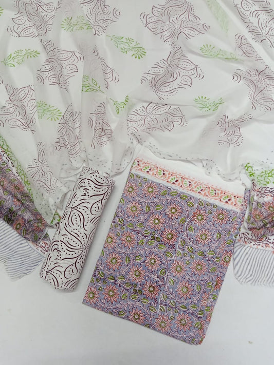 Cotton Slub Hand Block Printed Unstitched Salwar Suit With Chiffon Dupatta - JB408