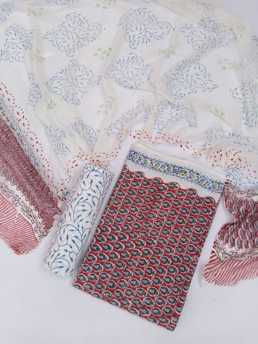 Jaipuri Hand Block Printed Cotton Slub Unstitched Salwar Suit with Chiffon Dupatta - JB409