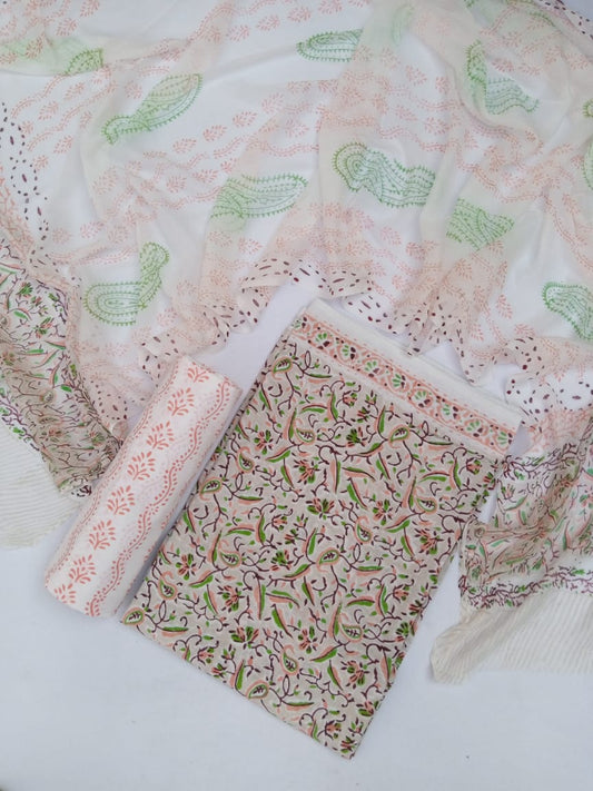 Hand Block Printed Unstitched Cotton Slub Suit Set With Chiffon Dupatta - JB411