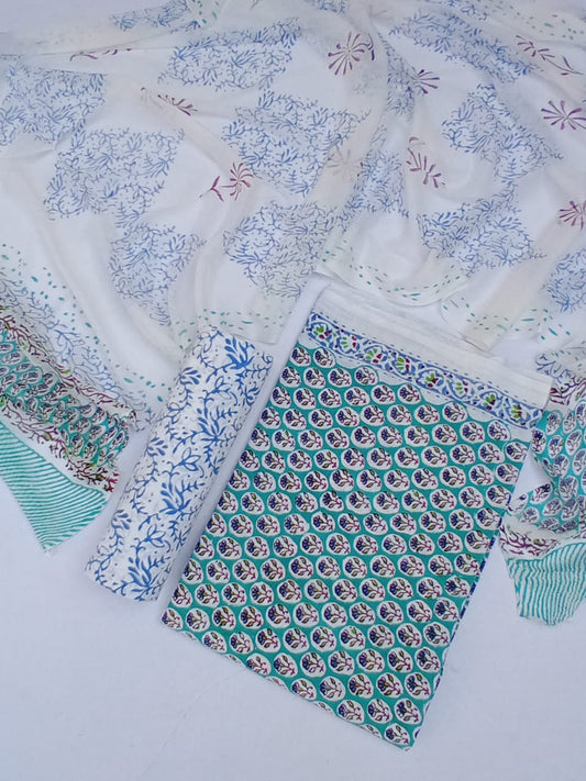 Jaipuri Hand Block Printed Cotton Slub Unstitched Salwar Suit with Chiffon Dupatta - JB412