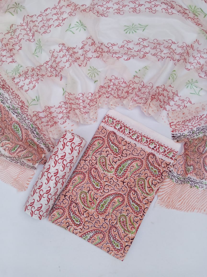 Jaipuri Unstitched Dress Material Hand Block Printed Cotton Slub Suit With Chiffon Dupatta - JB413