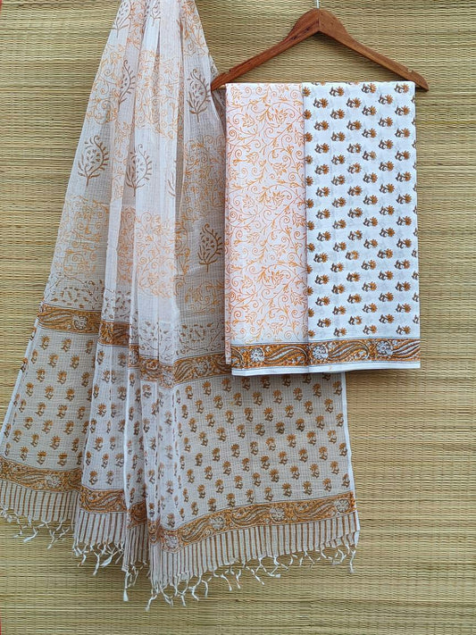 Kota Doriya Dupatta With Hand Block Printed Cotton Top-Bottom Salwar Suit Set - JBKD52