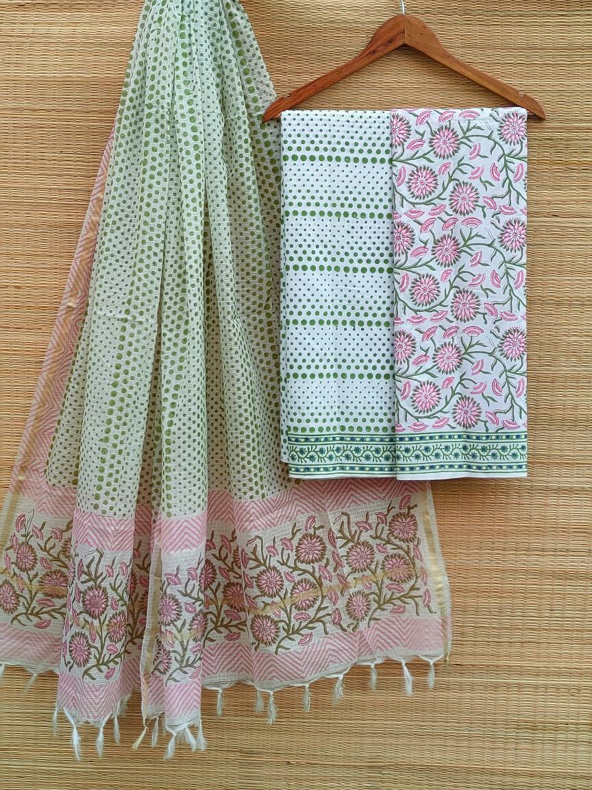 HandBlock Kota Silk Dupatta With Cotton Top And Bottom Salwar Suit Set - JBKD118