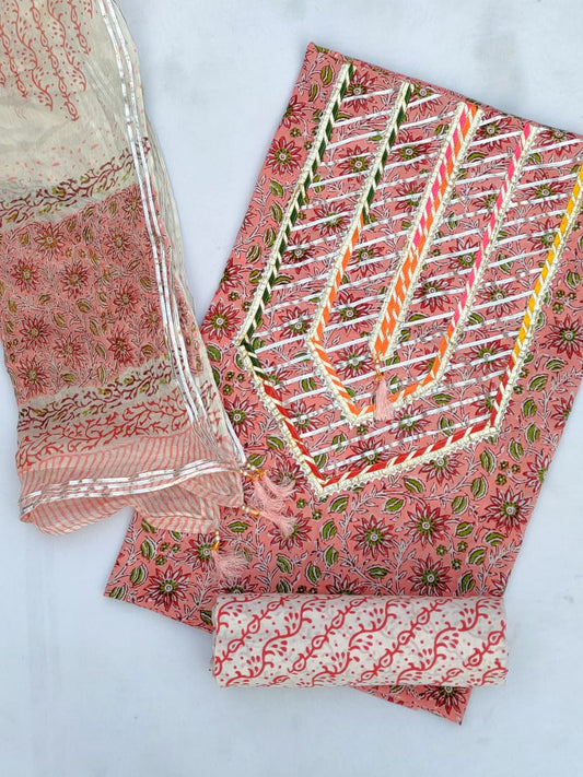 Jaipuri Cotton Hand Block Printed Gota Patti Suit with Chiffon Dupatta- JBGP47