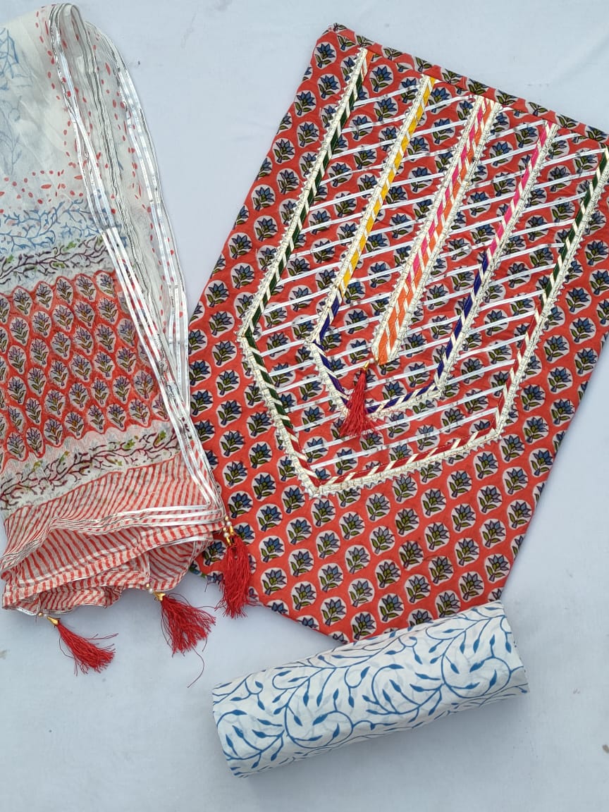 Cotton Hand Block Printed Gota Patti Salwar Suit Set With Chiffon Dupatta- JBGP51