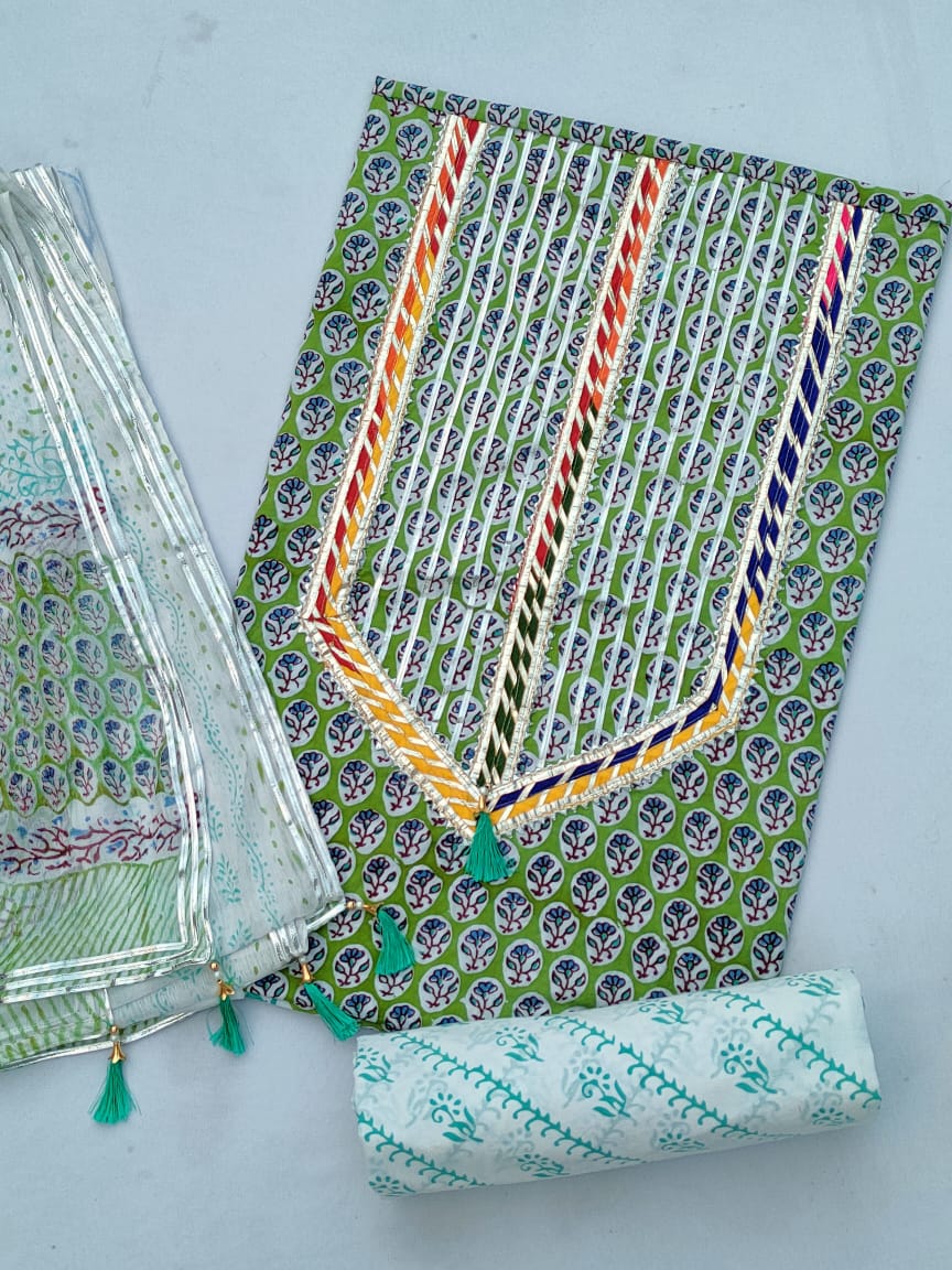 Jaipuri Cotton Hand Block Printed Gota Patti Suit with Chiffon Dupatta- JBGP57