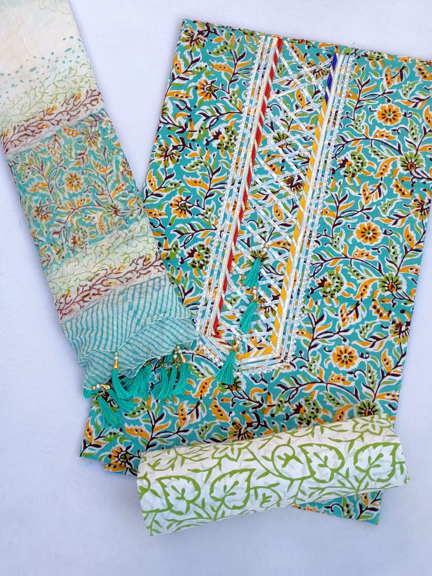 Cotton Gota Patti Hand Block Printed Salwar Suit Set With Chiffon Dupatta- JBGP35