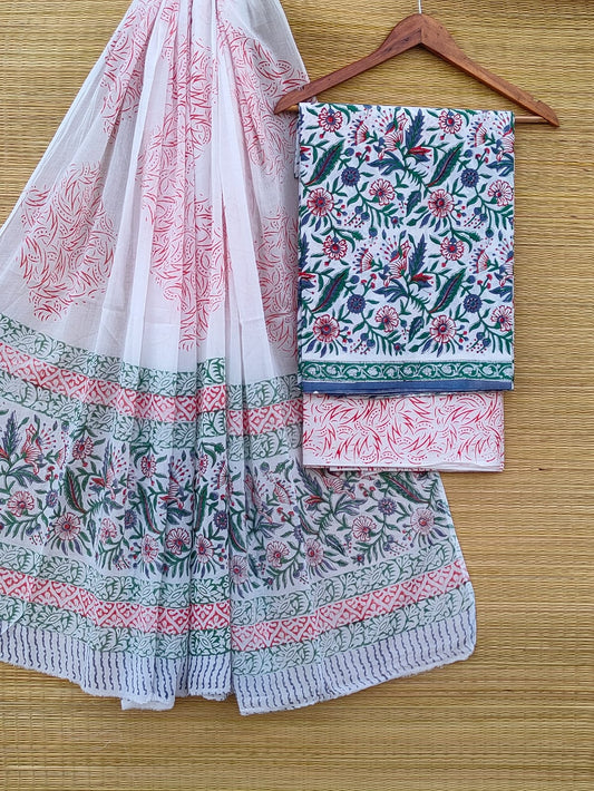 Hand Block Cotton Unstitched Salwar Suit With Cotton/Mulmul Dupatta - JBCM816