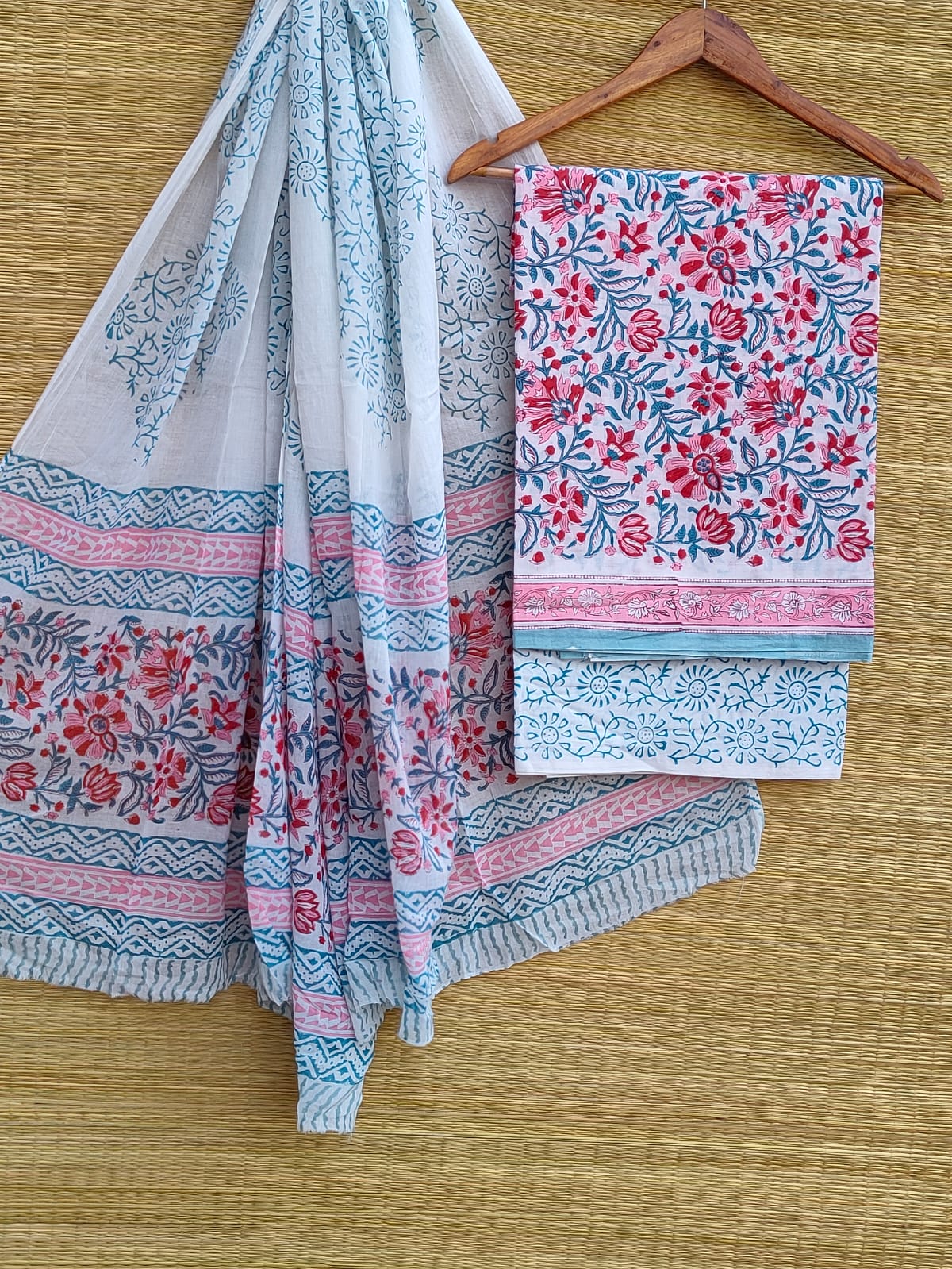 Hand Block Cotton Unstitched Salwar Suit With Cotton/Mulmul Dupatta - JBCM825