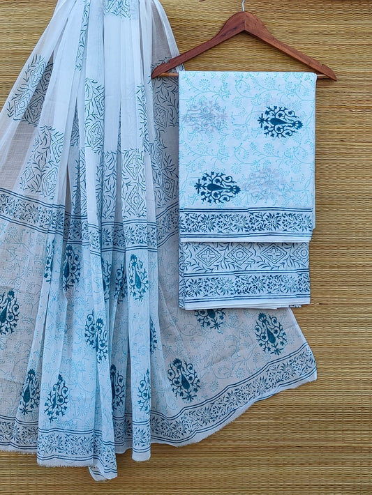 Hand Block Pure Cotton Unstitched Salwar Suit Set With Cotton/Mulmul Dupatta - JBCM915