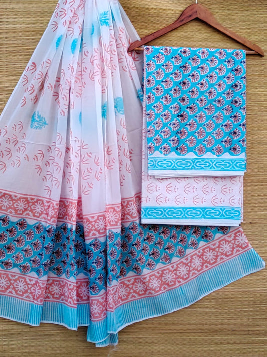 Pure Cotton Hand Block Unstitched Salwar Suit Set With Cotton/Mulmul Dupatta - JBCM916