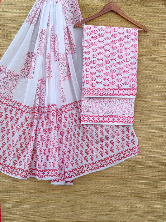 Hand Block Cotton Unstitched Salwar Suit With Cotton/Mulmul Dupatta - JBCM917