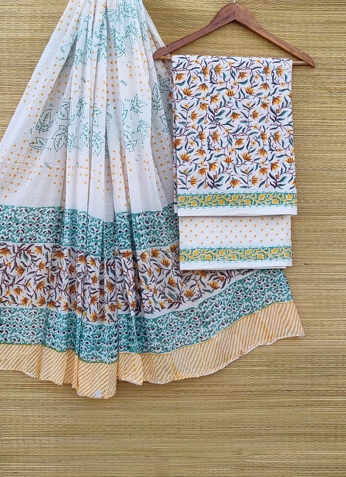 Pure Cotton Hand Block Unstitched Salwar Suit Set With Cotton/Mulmul Dupatta - JBCM919