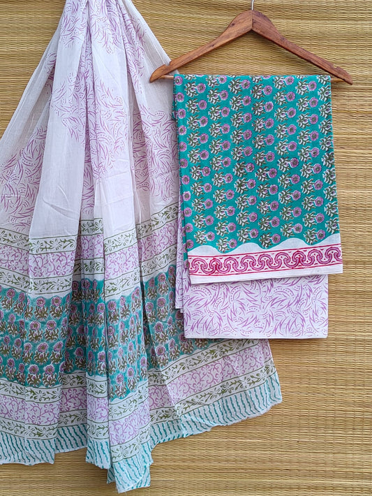 Hand Block Pure Cotton Unstitched Salwar Suit Set With Cotton/Mulmul Dupatta - JBCM826