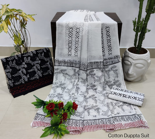 Pure Cotton Hand Block Unstitched Salwar Suit Set With Cotton/Mulmul Dupatta - JBCM827