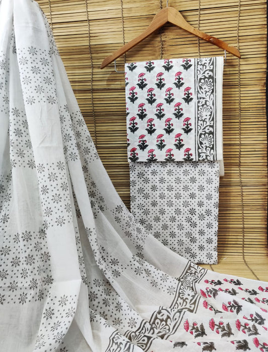Pure Cotton Hand Block Unstitched Salwar Suit Set With Cotton/Mulmul Dupatta - JBCM830