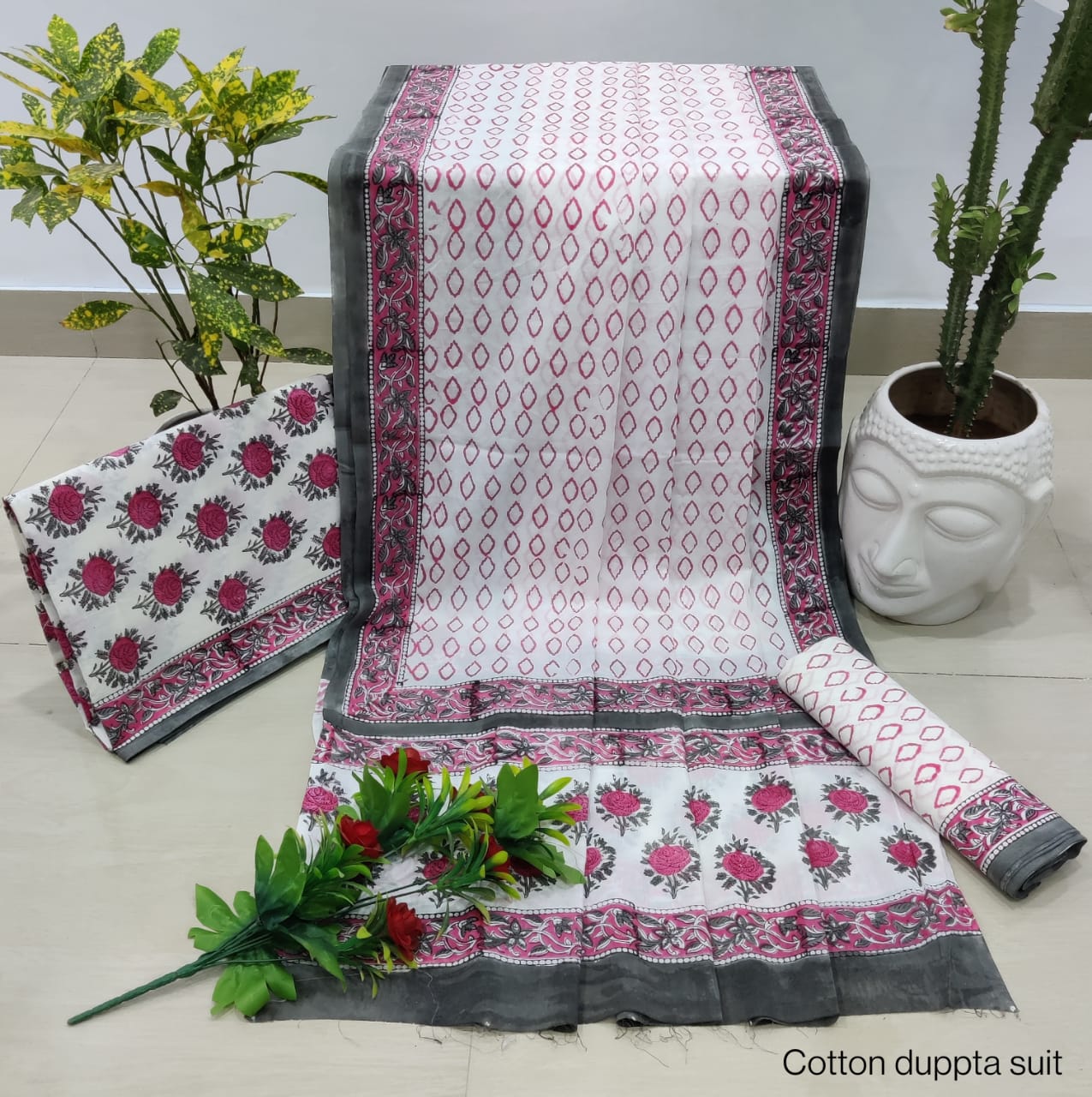 Pure Cotton Hand Block Unstitched Salwar Suit Set With Cotton/Mulmul Dupatta - JBCM833