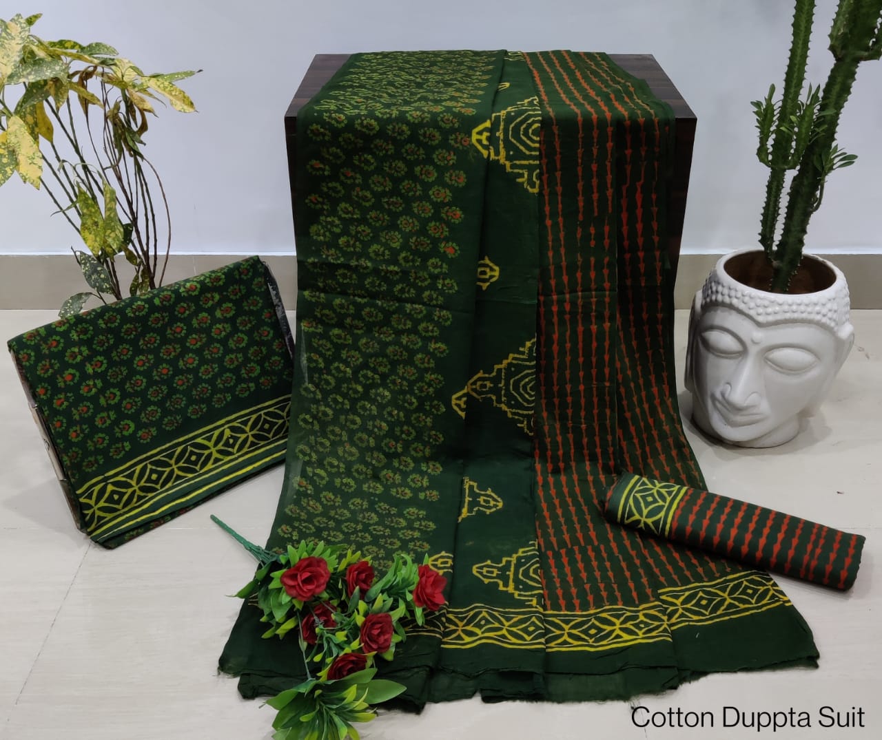 Hand Block Cotton Unstitched Salwar Suit With Cotton/Mulmul Dupatta - JBCM834