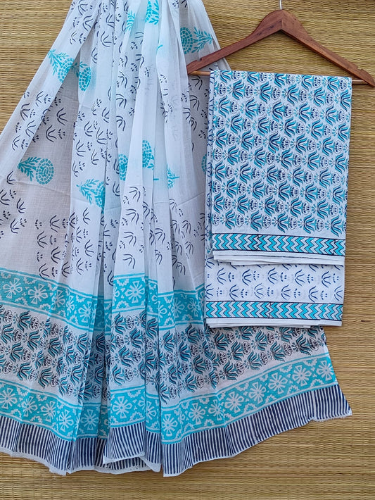 Hand Block Pure Cotton Unstitched Salwar Suit Set With Cotton/Mulmul Dupatta - JBCM817