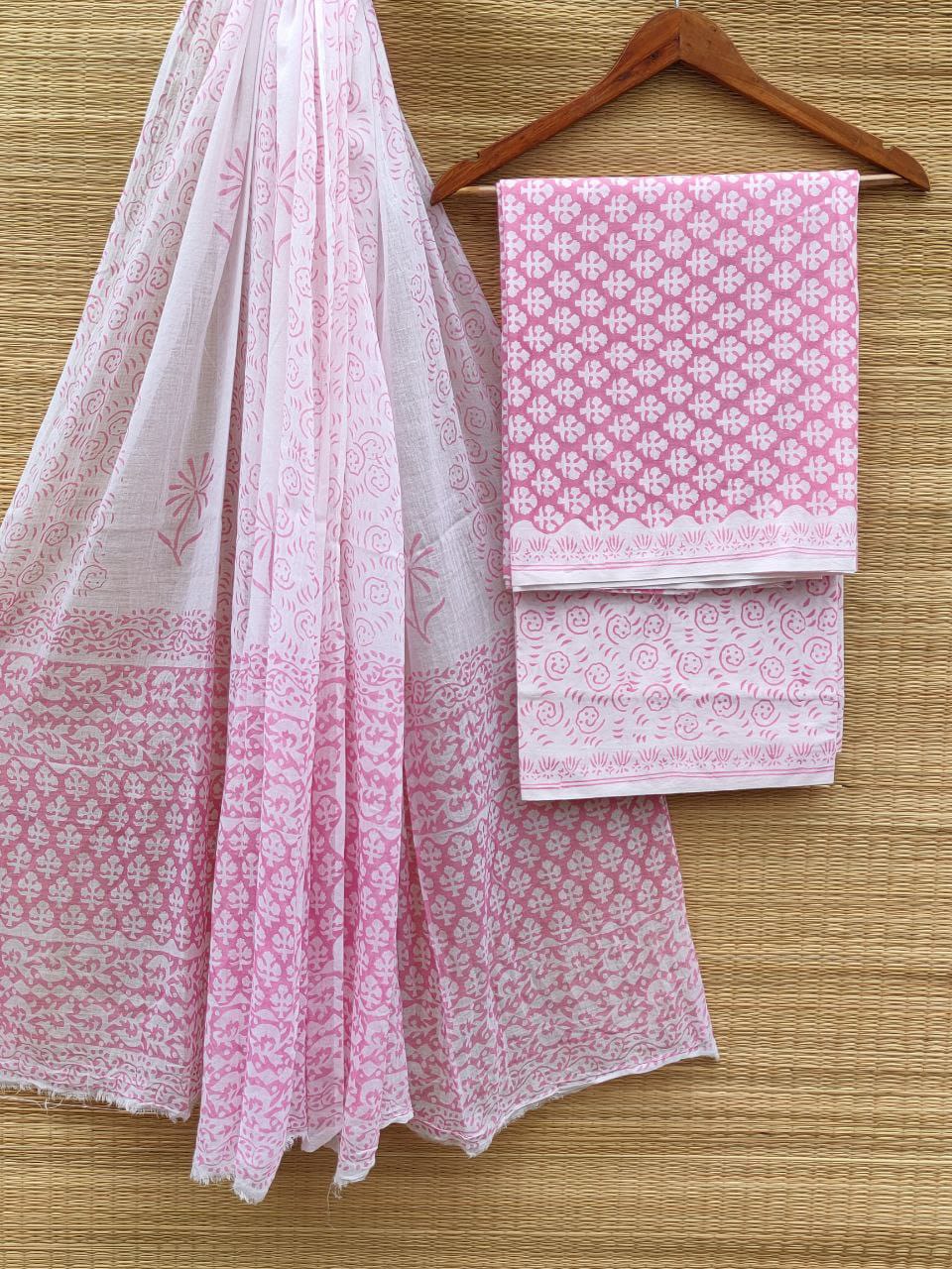 Pure Cotton Hand Block Unstitched Salwar Suit Set With Cotton/Mulmul Dupatta - JBCM836