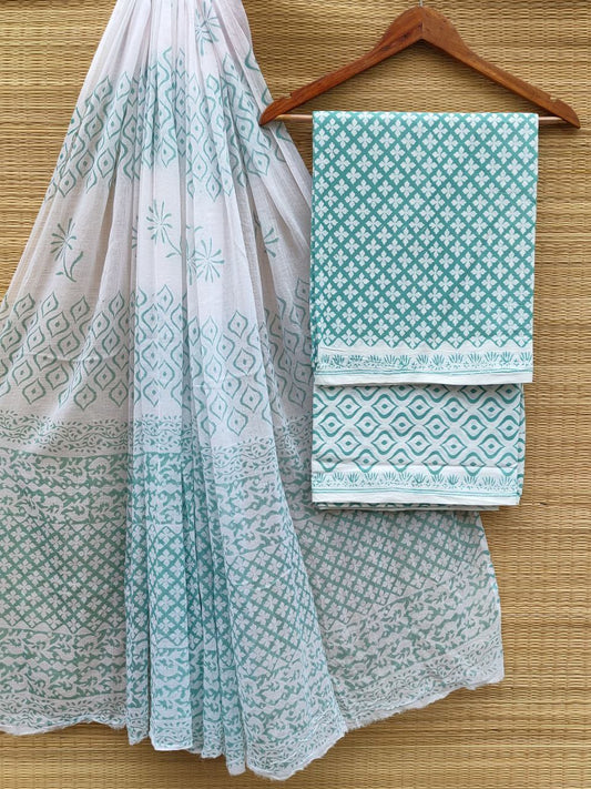 Hand Block Pure Cotton Unstitched Salwar Suit Set With Cotton/Mulmul Dupatta - JBCM840