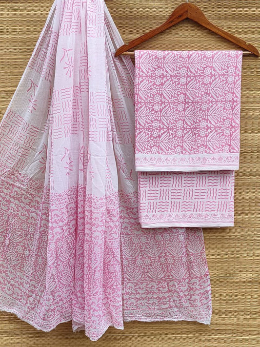 Hand Block Cotton Unstitched Salwar Suit With Cotton/Mulmul Dupatta - JBCM842
