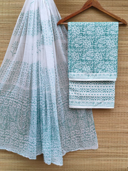 Hand Block Pure Cotton Unstitched Salwar Suit Set With Cotton/Mulmul Dupatta - JBCM843