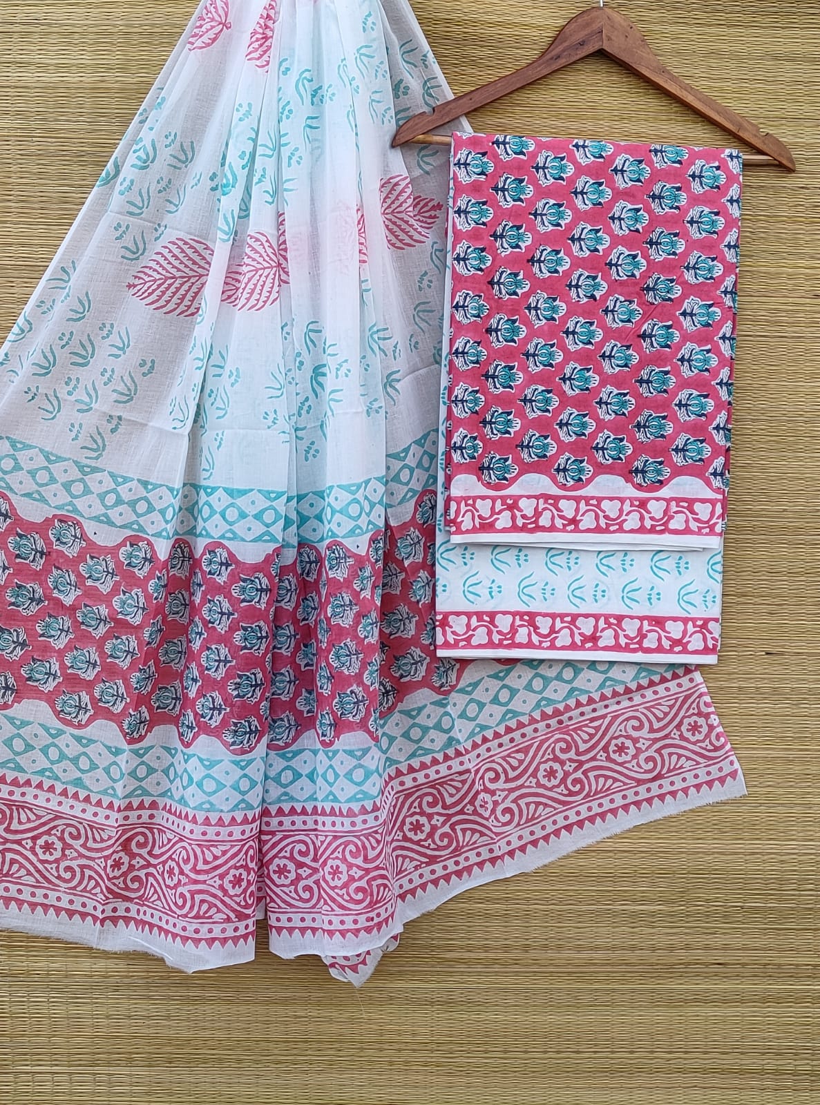 Pure Cotton Hand Block Unstitched Salwar Suit Set With Cotton/Mulmul Dupatta - JBCM818