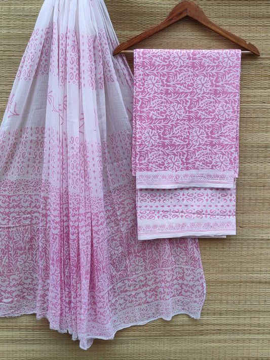Hand Block Cotton Unstitched Salwar Suit With Cotton/Mulmul Dupatta - JBCM845