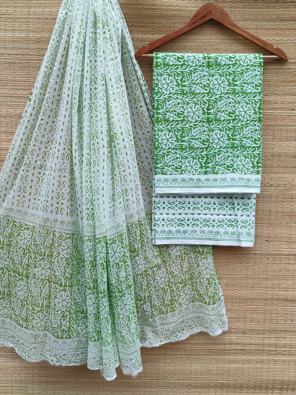 Pure Cotton Hand Block Unstitched Salwar Suit Set With Cotton/Mulmul Dupatta - JBCM847