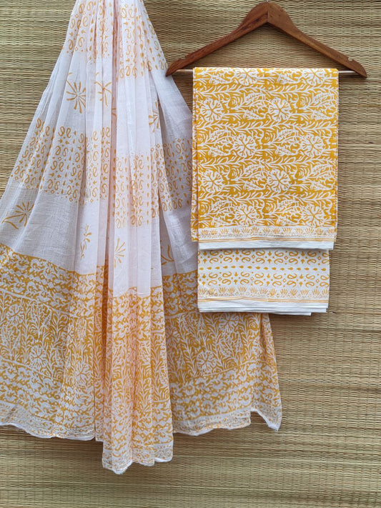 Pure Cotton Hand Block Unstitched Salwar Suit Set With Cotton/Mulmul Dupatta - JBCM850