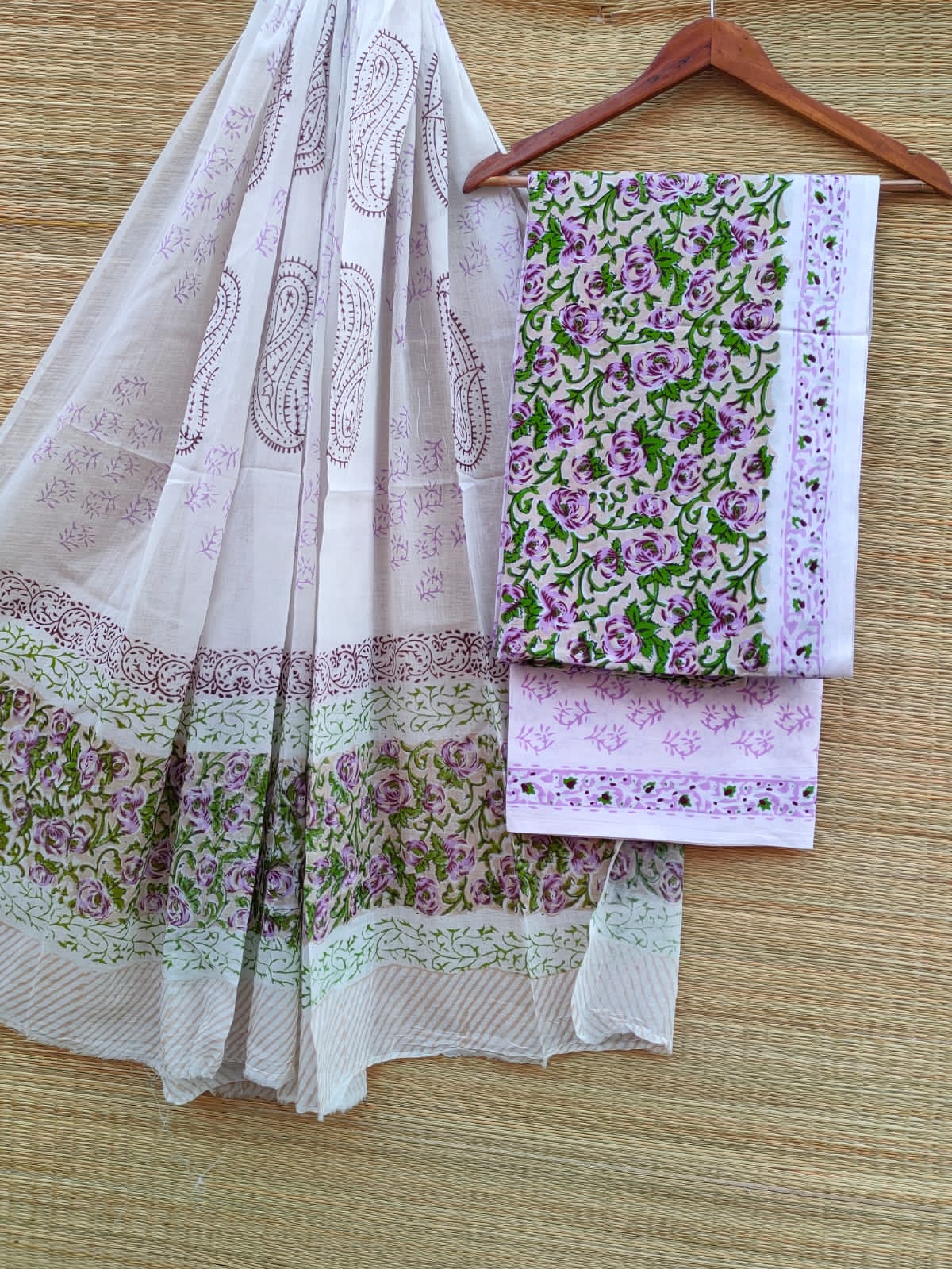 Hand Block Cotton Unstitched Salwar Suit With Cotton/Mulmul Dupatta - JBCM851