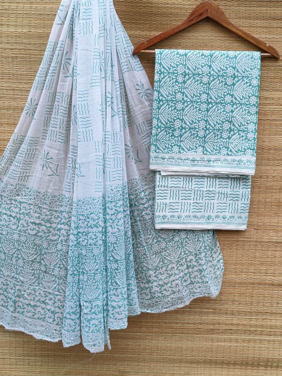 Hand Block Pure Cotton Unstitched Salwar Suit Set With Cotton/Mulmul Dupatta - JBCM852