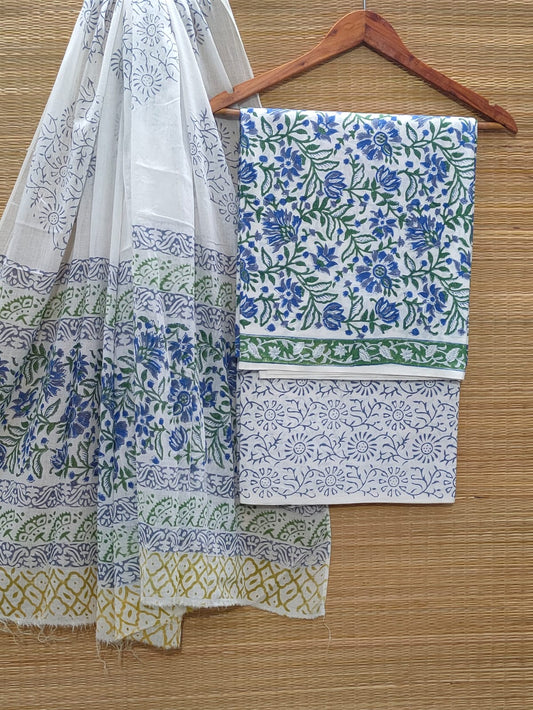 Pure Cotton Hand Block Unstitched Salwar Suit Set With Cotton/Mulmul Dupatta - JBCM853