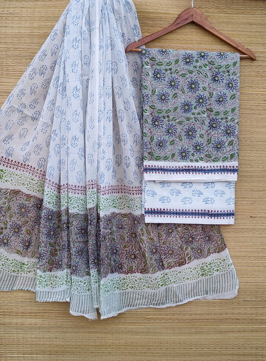 Hand Block Cotton Unstitched Salwar Suit With Cotton/Mulmul Dupatta - JBCM819
